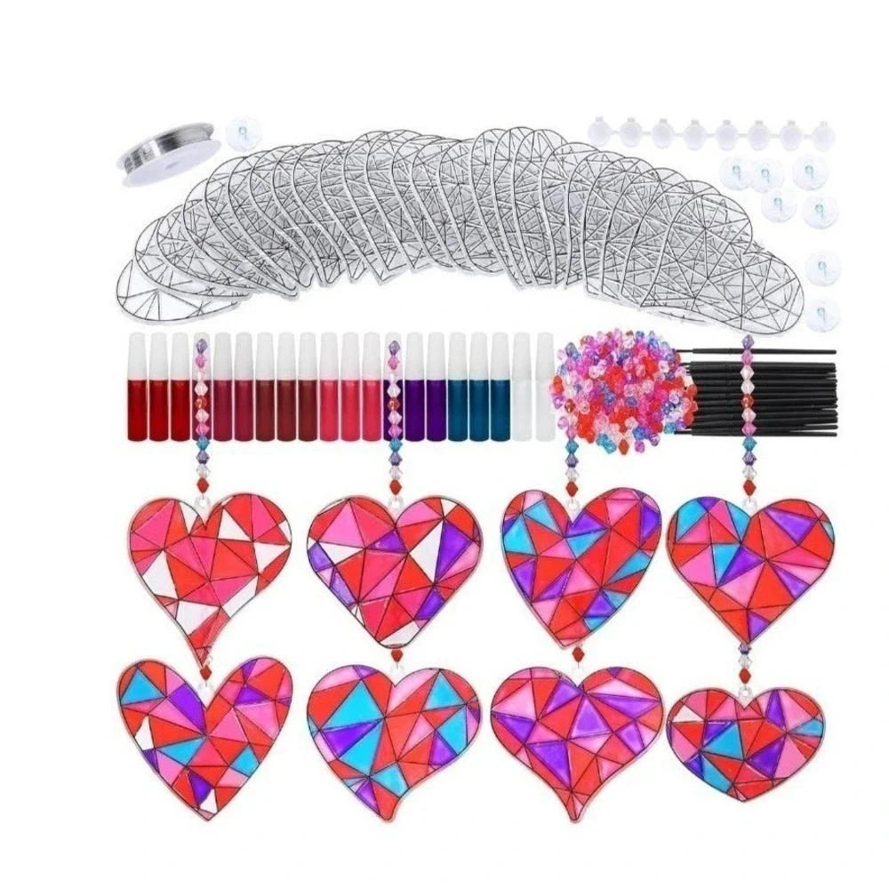 24 Sets Heart Suncatchers Ornaments Decorations DIY Window Paint Art Stickers